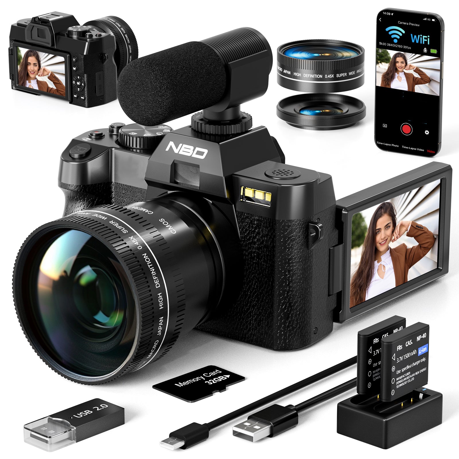 NBD 4K Digital Camera for Photography, 48MP Autofocus Vlogging Camera for YouTube with 32GB TF Card