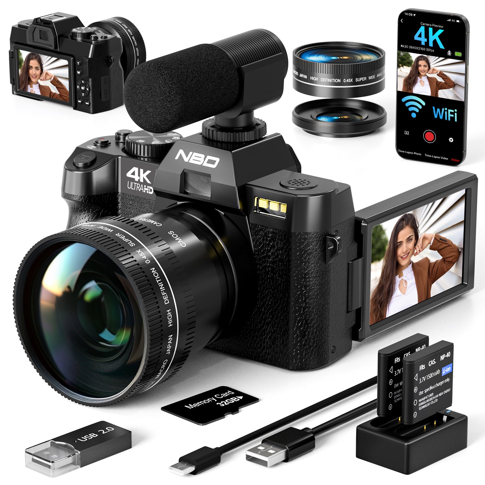 NBD 4K Digital Camera for Photography, 12MP Autofocus Vlogging Camera for YouTube with 32GB TF Card