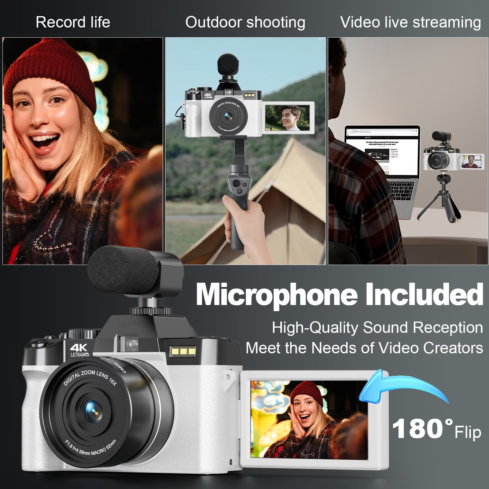HHD 4K 48MP Vlogging Digital Camera,180° Flip Screen,External Mic,16X Zoom,WiFi,32GB TF Card & Full Accessories,White