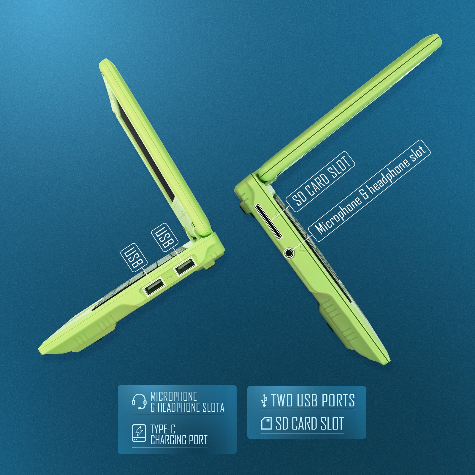 NBD Laptop Computer(7 inch), Quad Core Powered by Android 12.0, Netbook Computer with WiFi, Webcam and Bluetooth, Mini Laptop with Bag, Mouse, and Mouse Pad for Kids（Green）