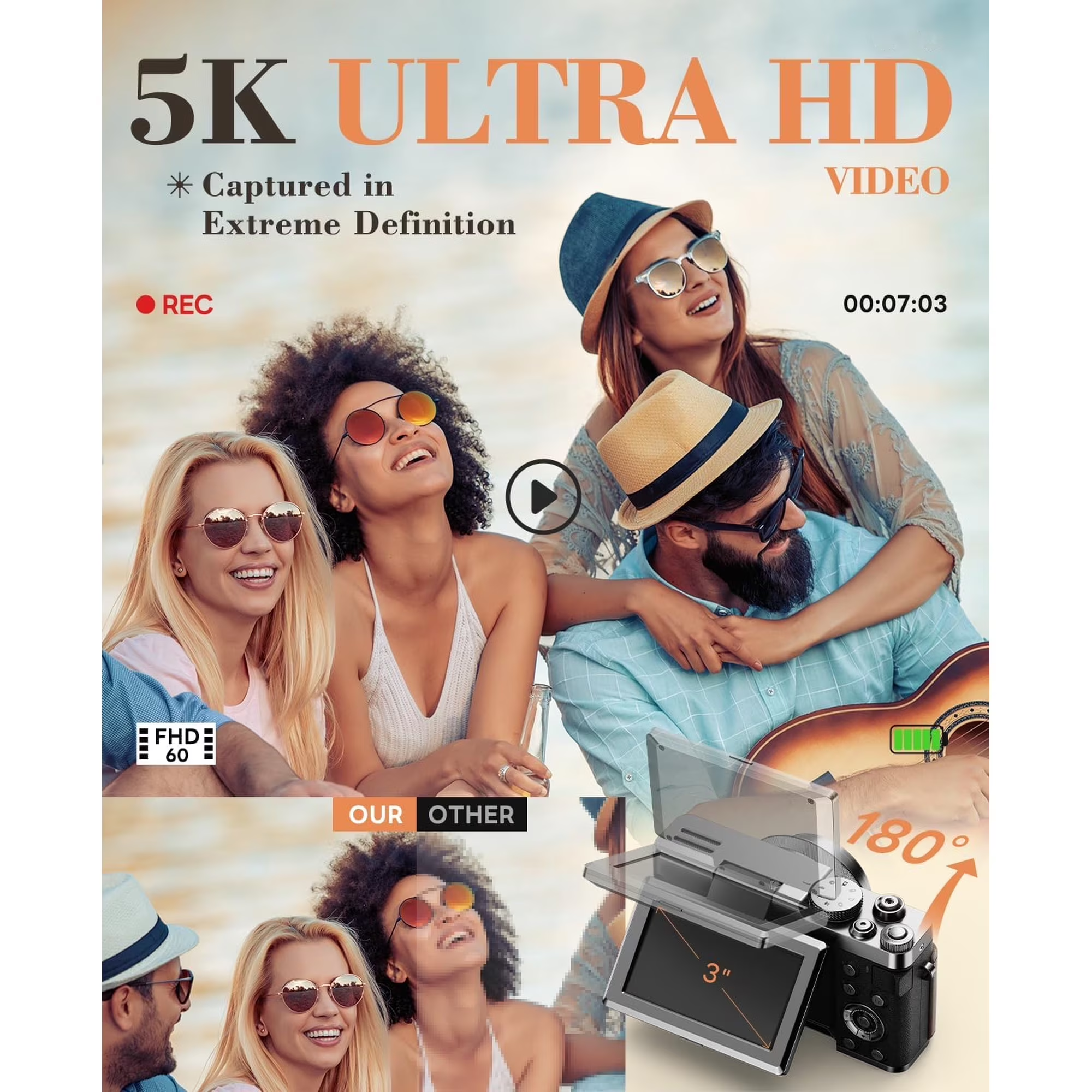 64MP 5K Silver Digital Vlogging Camera,Autofocus,180° Flip Screen,18X Zoom,Fill Light,2 Batteries & 32GB SD Card for Content Creators