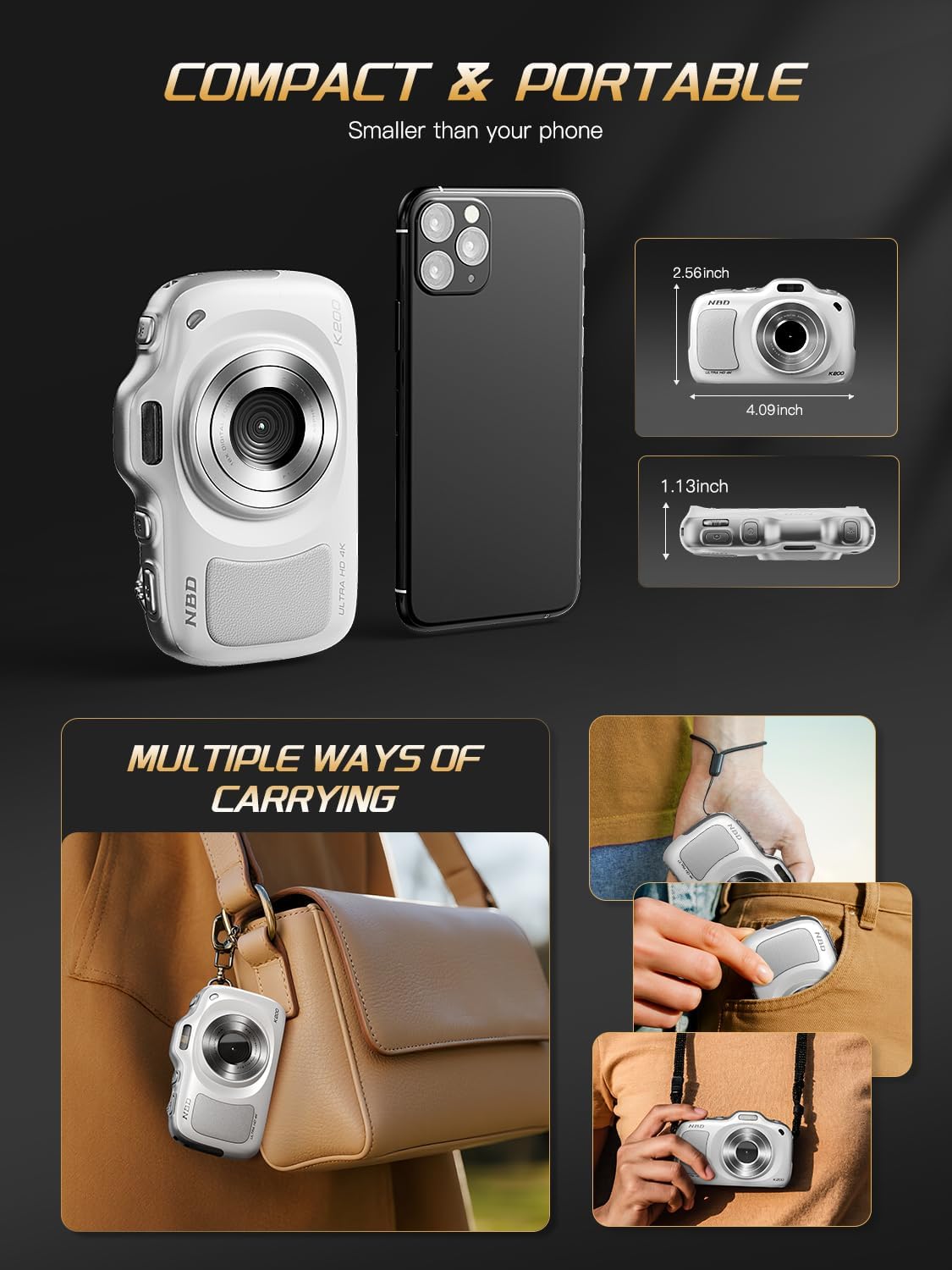 True 4K Digital Camera with Beauty Mode, 64MP Vlogging Camera for Beginners,16X Zoom, Anti-Shake & Autofocus, 32GB Card, 120g Ultra Compact Portable Cameras for Photography (White)
