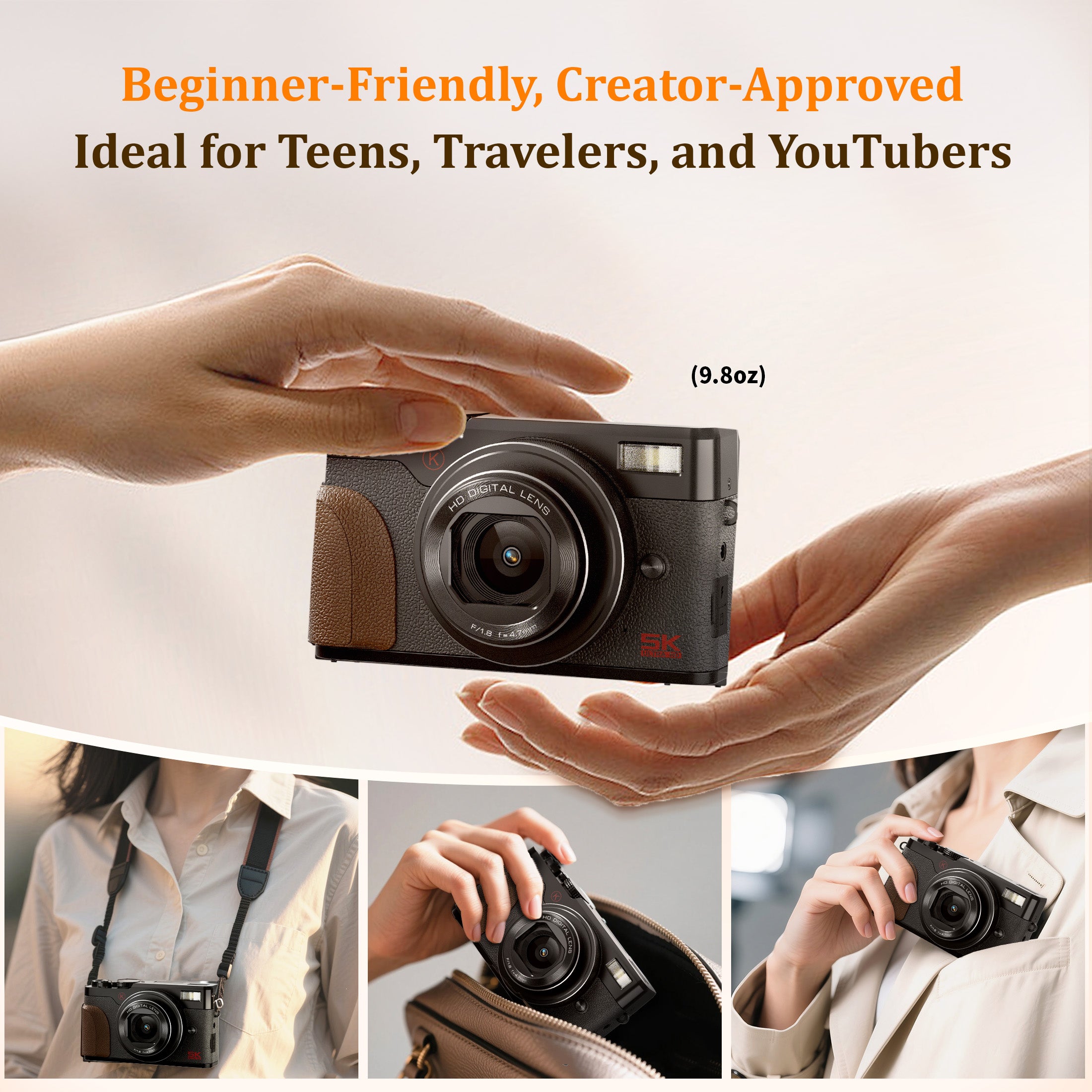 NBD 64MP 5K Autofocus Digital Camera with 180° Flip Screen, 18X Zoom and Anti-Shake – Compact Vlogging and Travel Camera, 3-Inch Screen, Includes 32GB SD Card and 2 Batteries