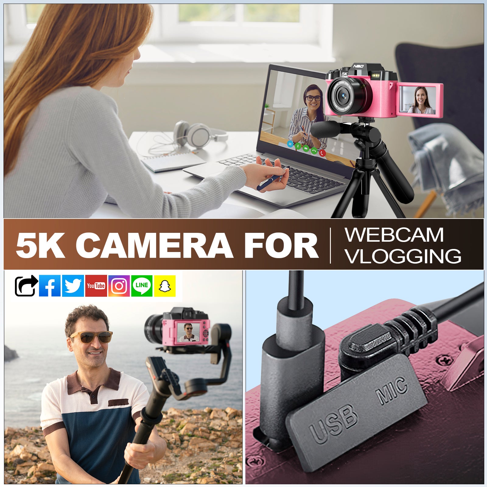 NBD 5K Digital Camera for Photography,48MP Autofocus Vlogging Camera for Youtube with 32GB TF Card，Pink