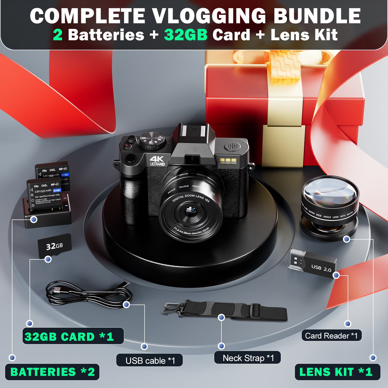 HHD 4K 48MP Digital Vlogging Camera,180° Flip Screen,16X Zoom,WiFi,2 Batteries,32GB TF Card & Full Accessories