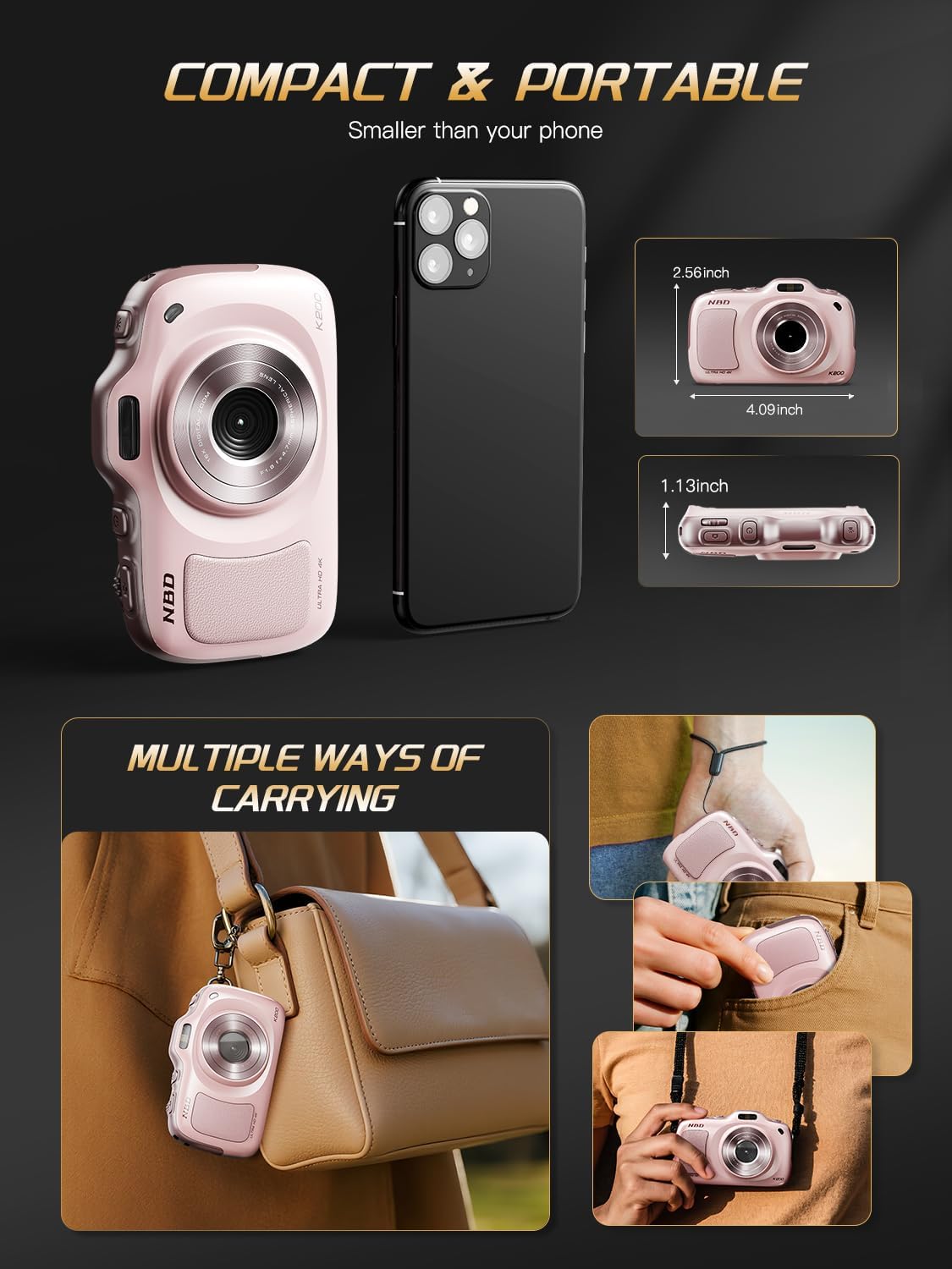 64MP 4K Digital Camera for Photography with Autofocus, 16X Zoom, Compact Design, Includes 32GB SD Card,Pink
