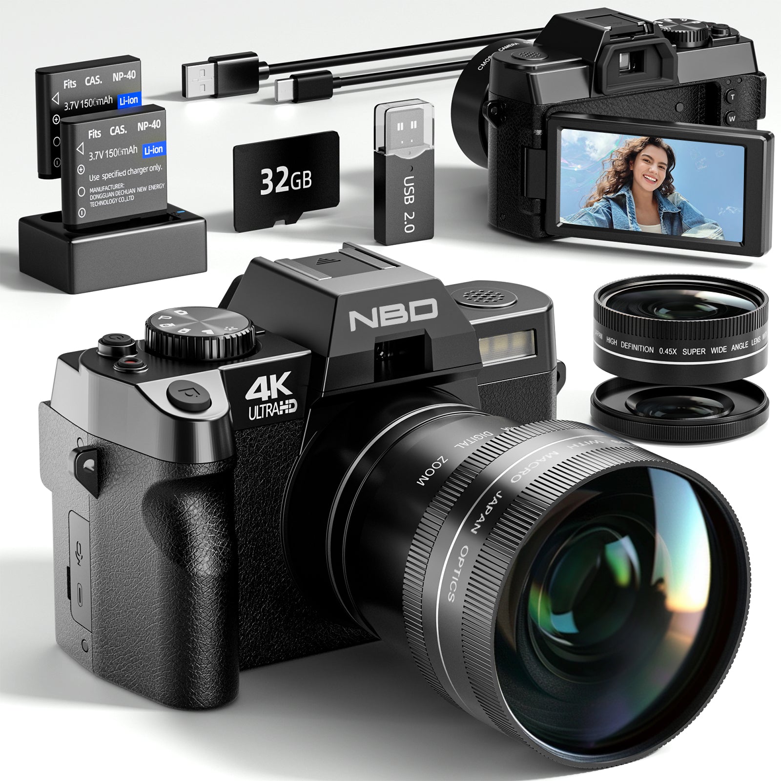NBD 4K Ultra HD 36MP Digital Camera, 16X Zoom, 3" Screen, All-in-One Vlogging Camera