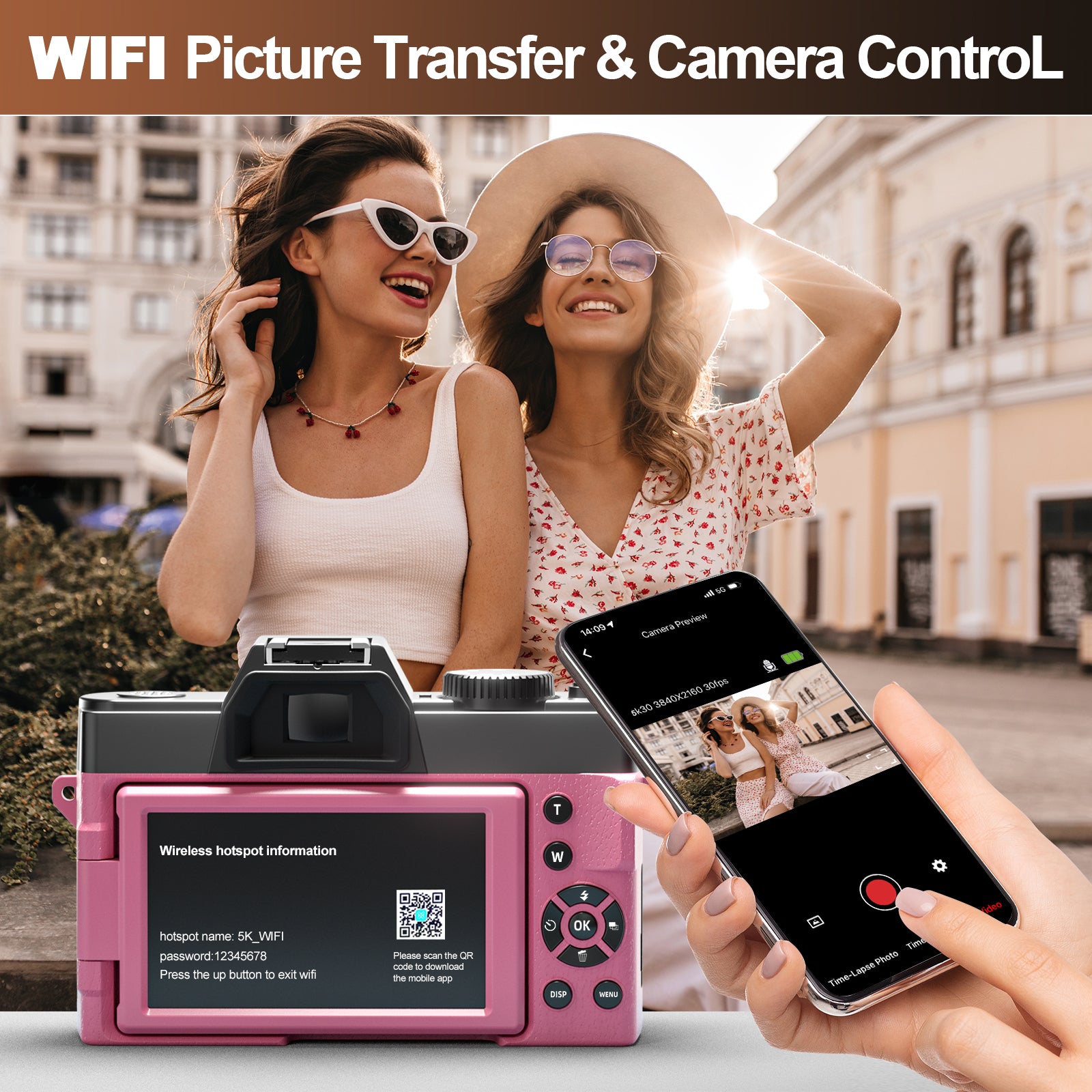 NBD 5K Digital Camera for Photography,48MP Autofocus Vlogging Camera for Youtube with 32GB TF Card，Pink