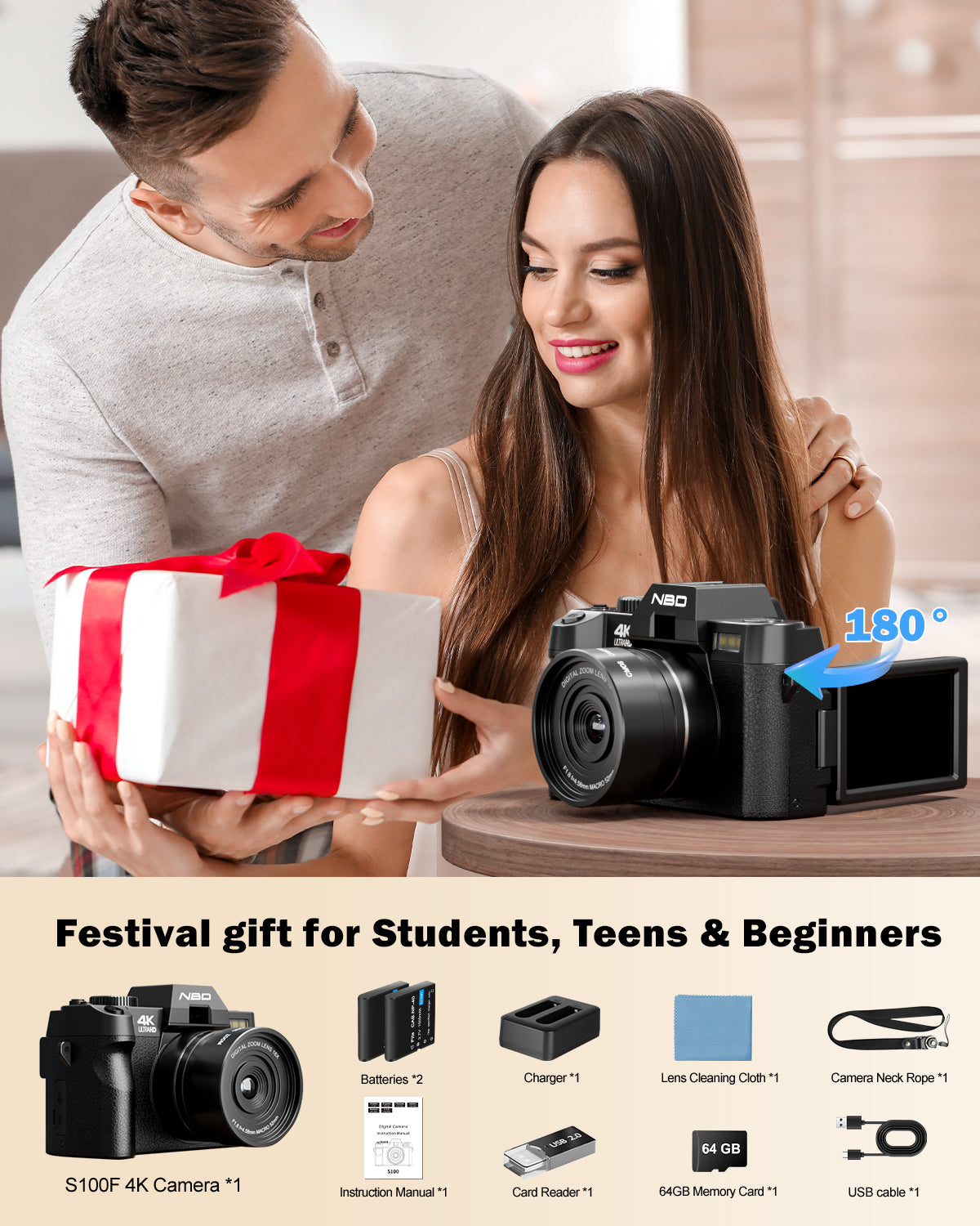 NBD 4K Digital Camera for Photography, 64MP Autofocus Vlogging Camera for YouTube with 32GB TF Card