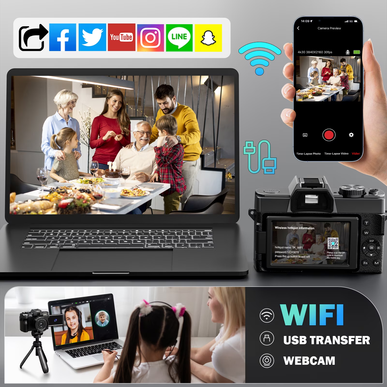 True 5K 48MP Autofocus Digital Vlogging Camera,180° Flip Screen,WiFi,16X Zoom,Anti-Shake,Wide & Macro Lens,64GB TF Card,Black
