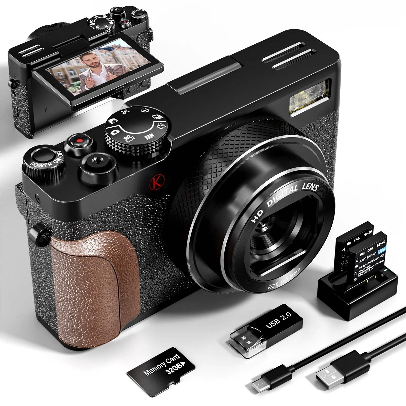 NBD 56MP 4K Autofocus Digital Camera with 180° Flip Screen, 18X Zoom, Anti-Shake, and Fill Light – Compact Vlogging and Travel Camera with 3-Inch Screen, 32GB SD Card, and 2 Batteries