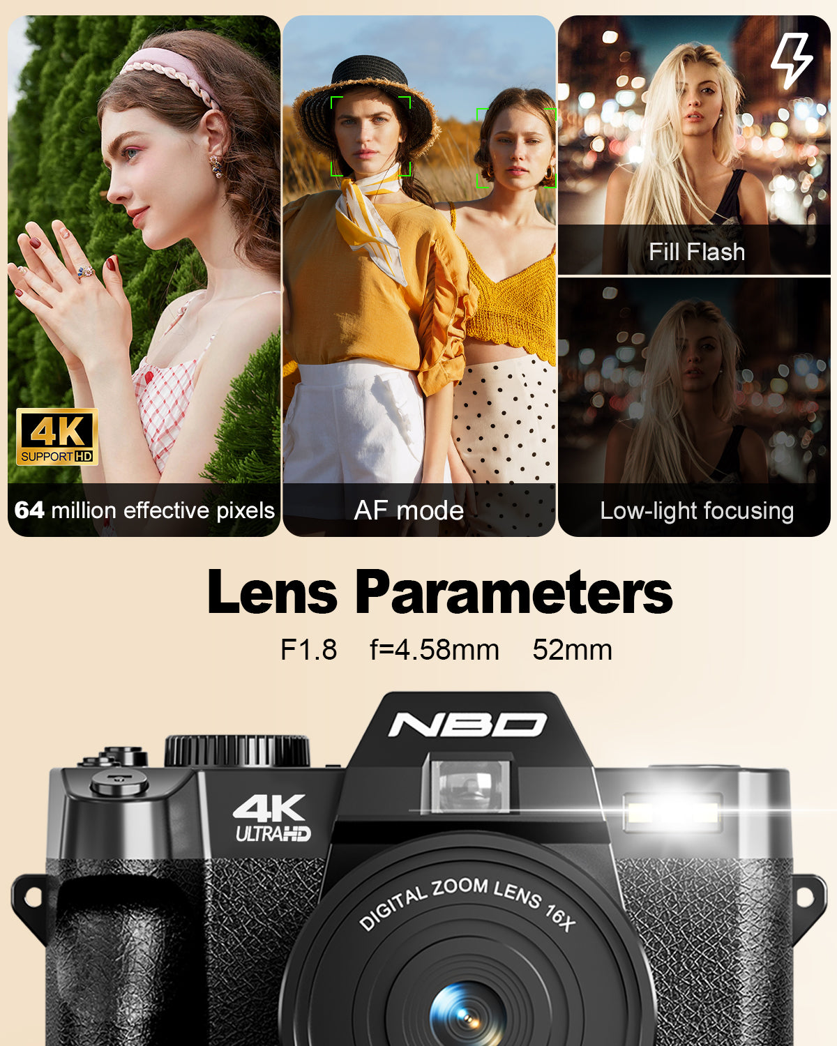 NBD 4K Digital Camera for Photography, 64MP Autofocus Vlogging Camera for YouTube with 32GB TF Card