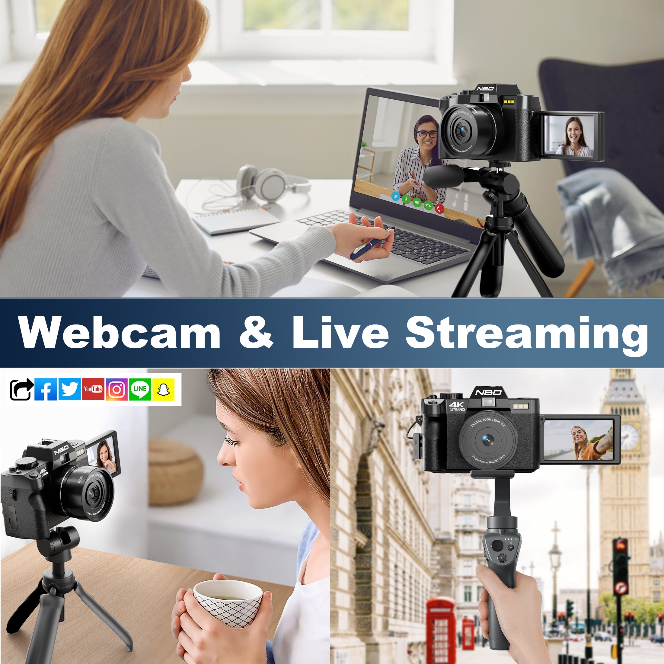 NBD 48MP 4K Digital Camera with 16X Zoom, WiFi App Control, Flip Screen, 2 Batteries & 32GB Card