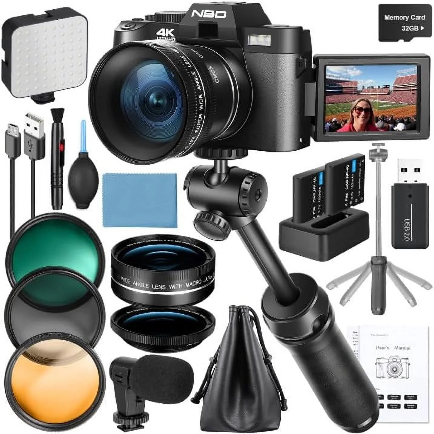 NBD 4K Digital Camera for Photography and Vlogging, 48MP Video Camera with Microphone, Tripod Grip, Wide-Angle and Macro Lens