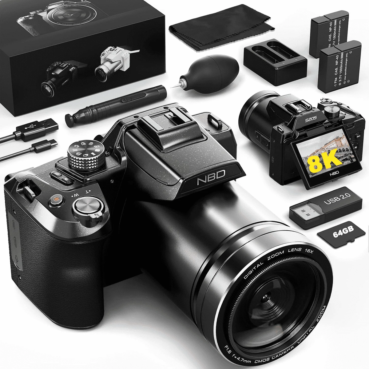 NBD コンパクトデジタルカメラ NBD 8K Digital Camera for Photography, 64MP Autofocus Camera with WiFi