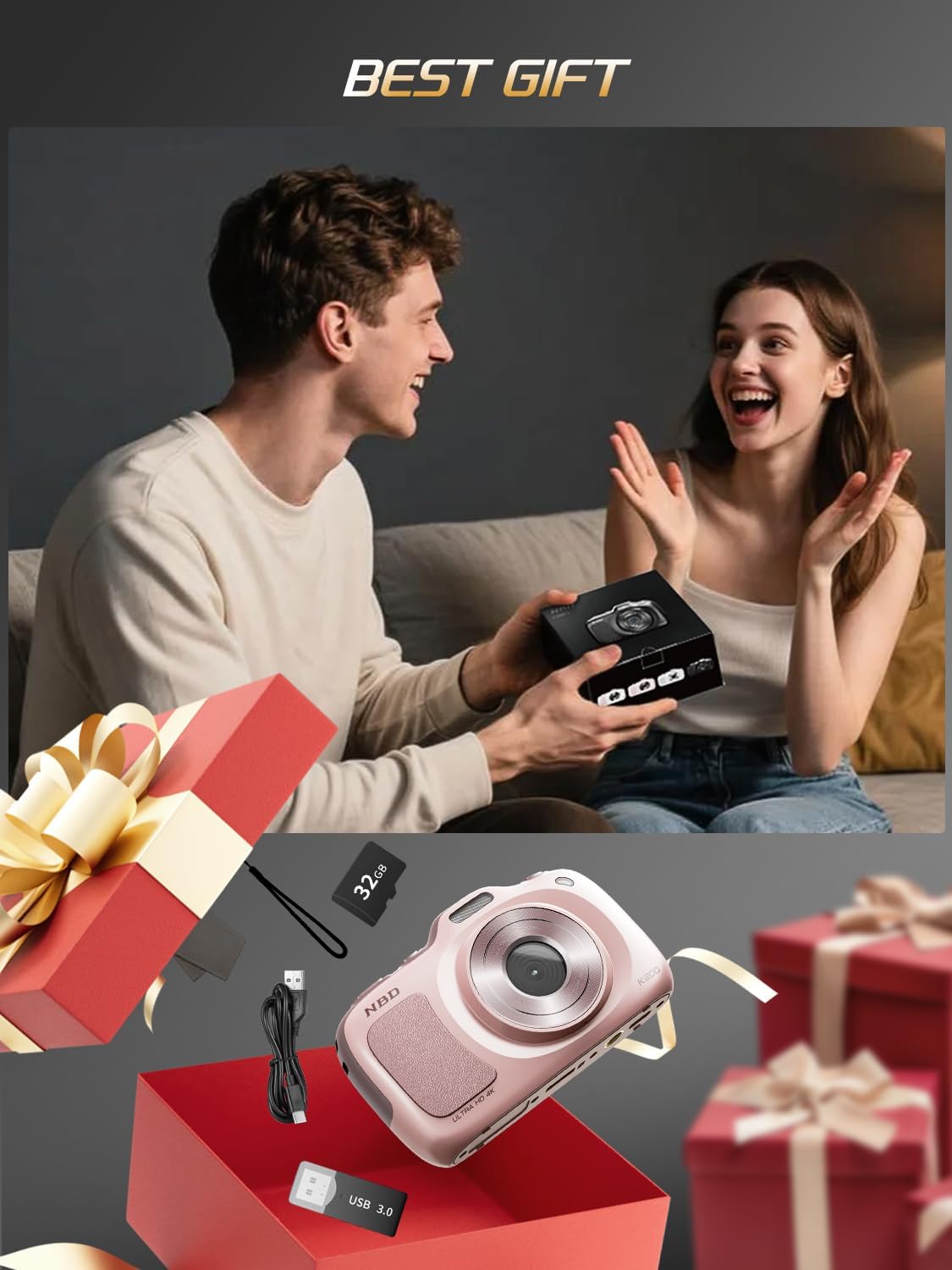 64MP 4K Digital Camera for Photography with Autofocus, 16X Zoom, Compact Design, Includes 32GB SD Card,Pink