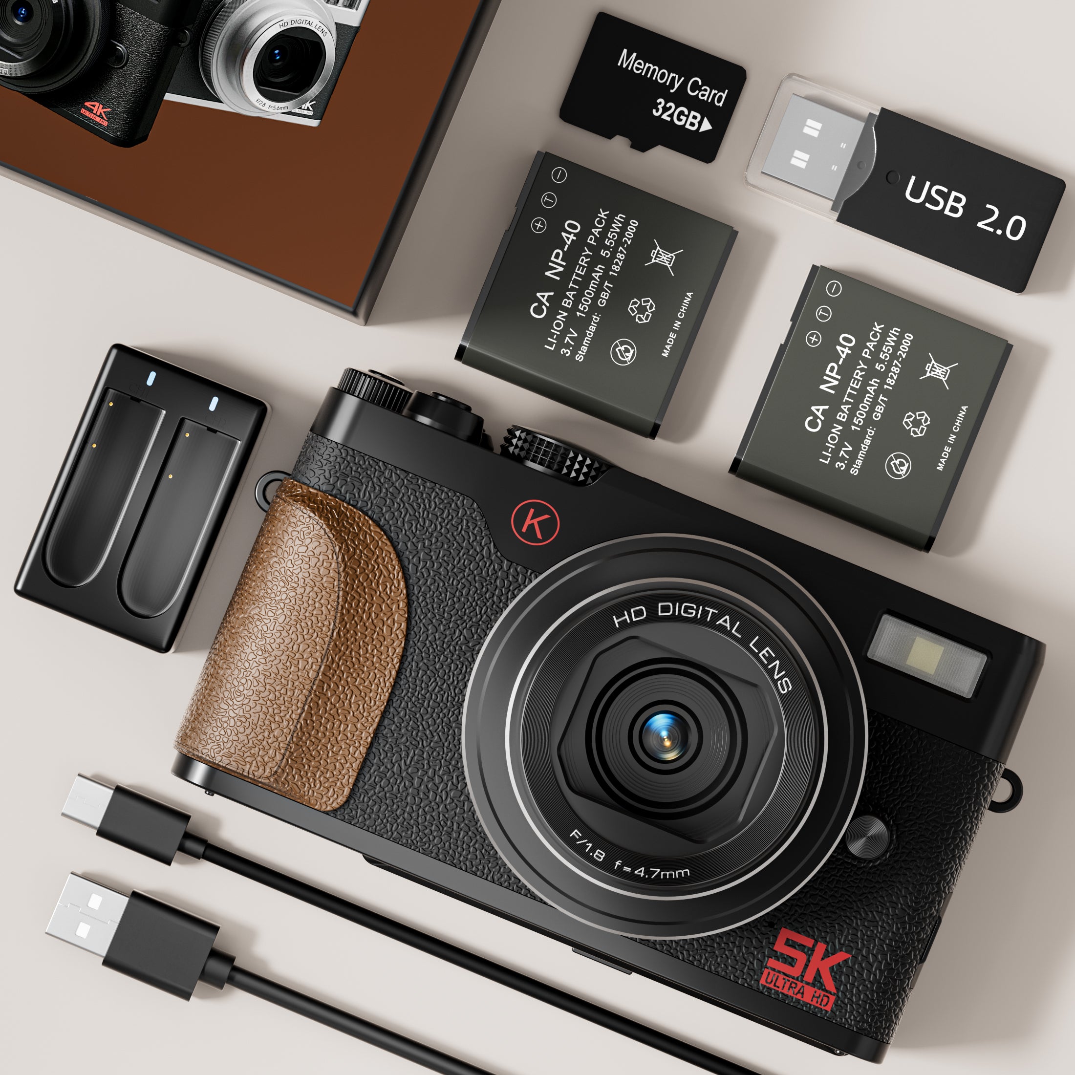 NBD 64MP 5K Autofocus Digital Camera with 180° Flip Screen, 18X Zoom and Anti-Shake – Compact Vlogging and Travel Camera, 3-Inch Screen, Includes 32GB SD Card and 2 Batteries