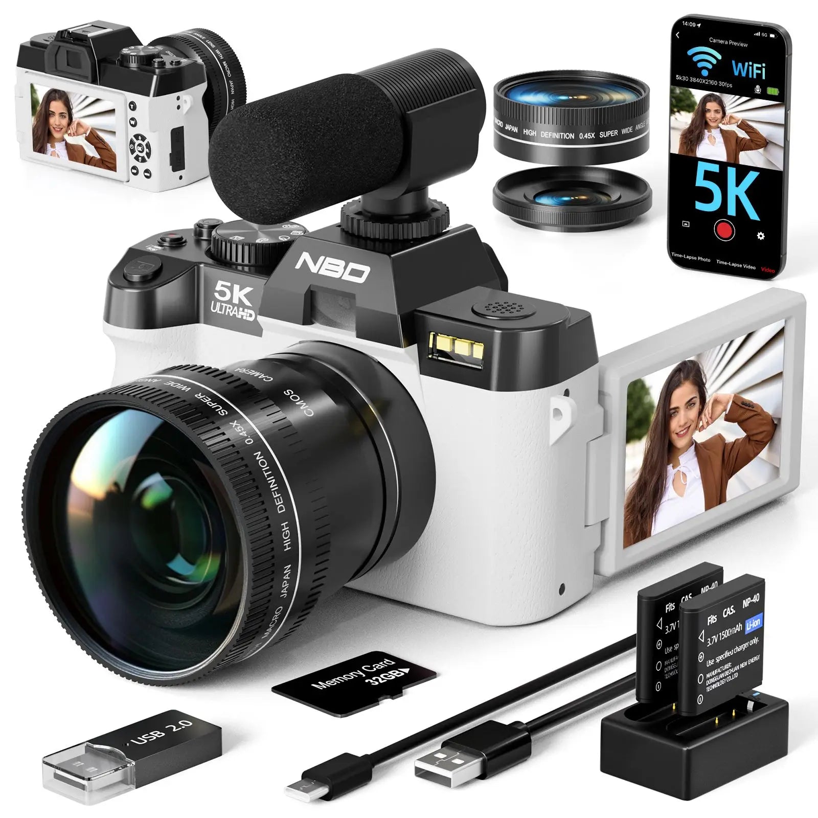 5K 48MP Digital Camera  With Camera Lens