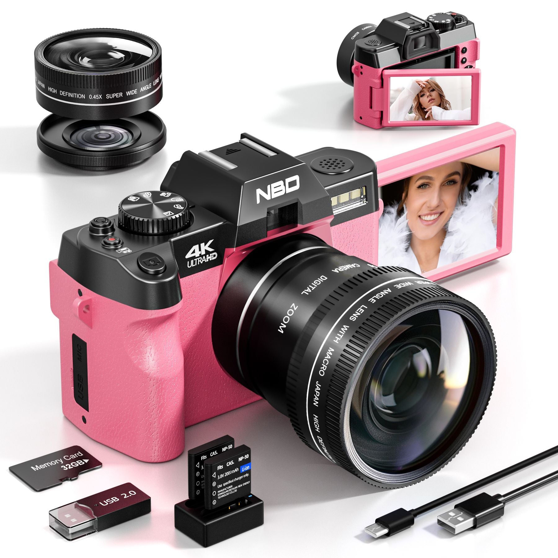 NBD 48MP 4K Digital Camera with 16X Zoom, WiFi App Control, Flip Screen, 2 Batteries & 32GB Card