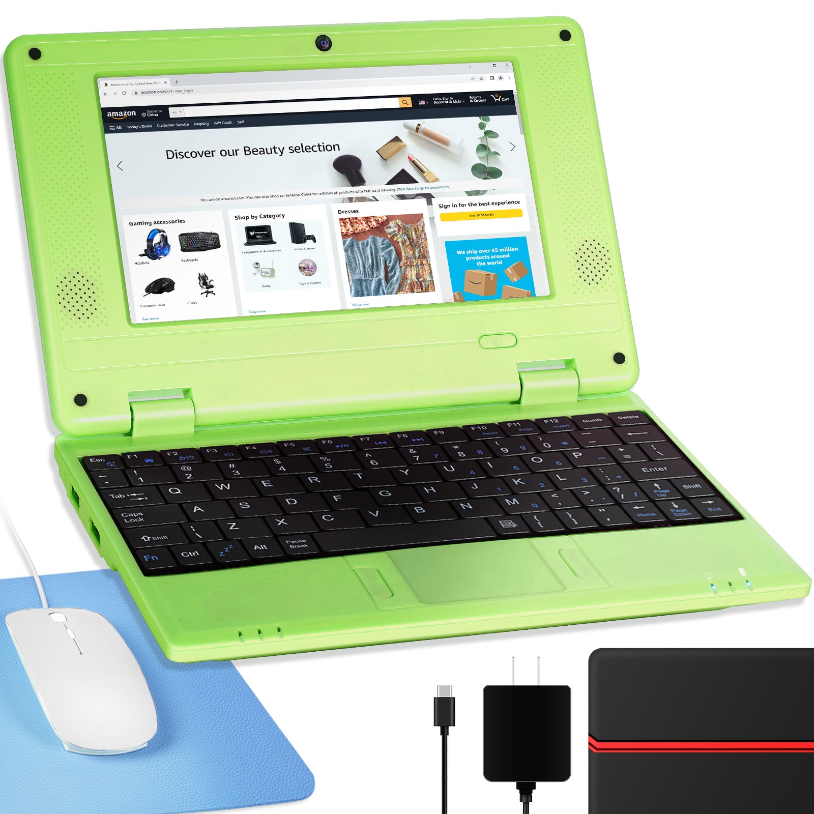NBD Laptop Computer(7 inch), Quad Core Powered by Android 12.0, Netbook Computer with WiFi, Webcam and Bluetooth, Mini Laptop with Bag, Mouse, and Mouse Pad for Kids（Green）