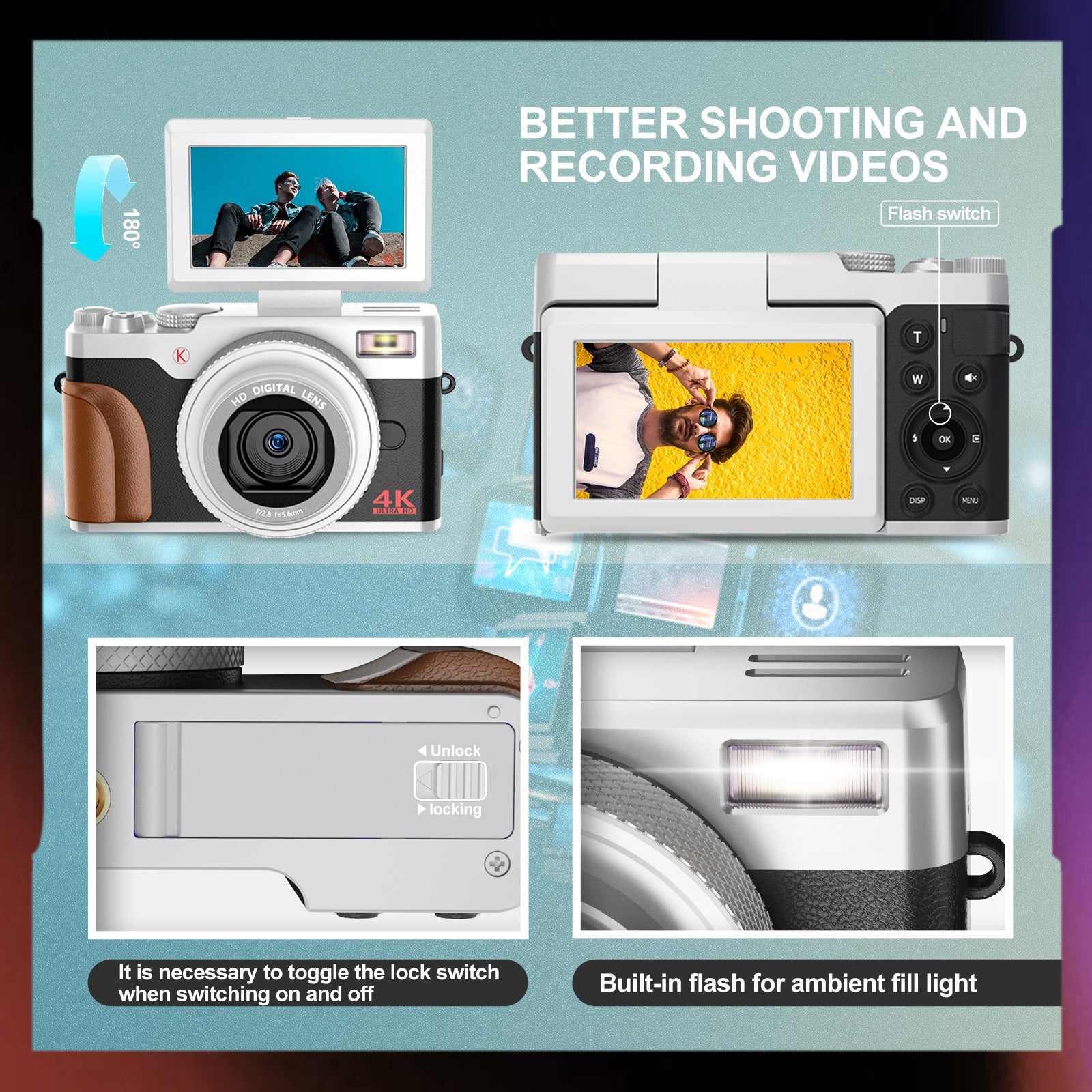 NBD Digital Camera 4K 56MP Vlogging Camera for YouTube,Portable Cameras for Photography with 32GB SD Card