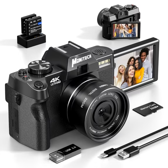 4K 48MP Autofocus Digital Vlogging Camera,16X Digital Zoom,WiFi,180° Flip Screen,F1.8 Aperture,2 Batteries & 32GB TF Card,Black