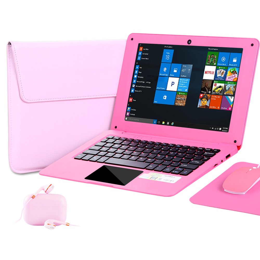 Windows 10 Laptop - 10.1 Inch Quad Core Notebook with FullHD Display and Abundant Ports (Pink)