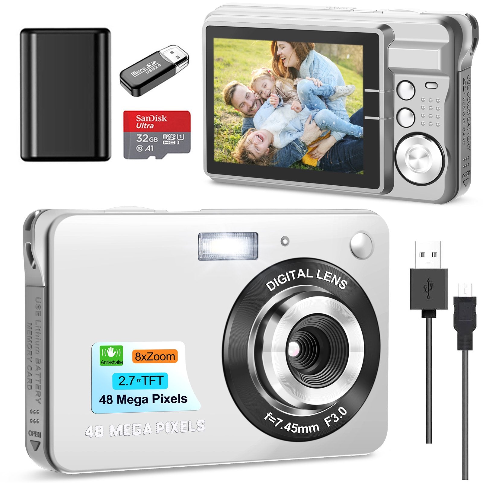 NBD Kids Digital Camera 48MP Compact Mini Camera with 8X Digital Zoom and 2.7 Inch LCD Screen