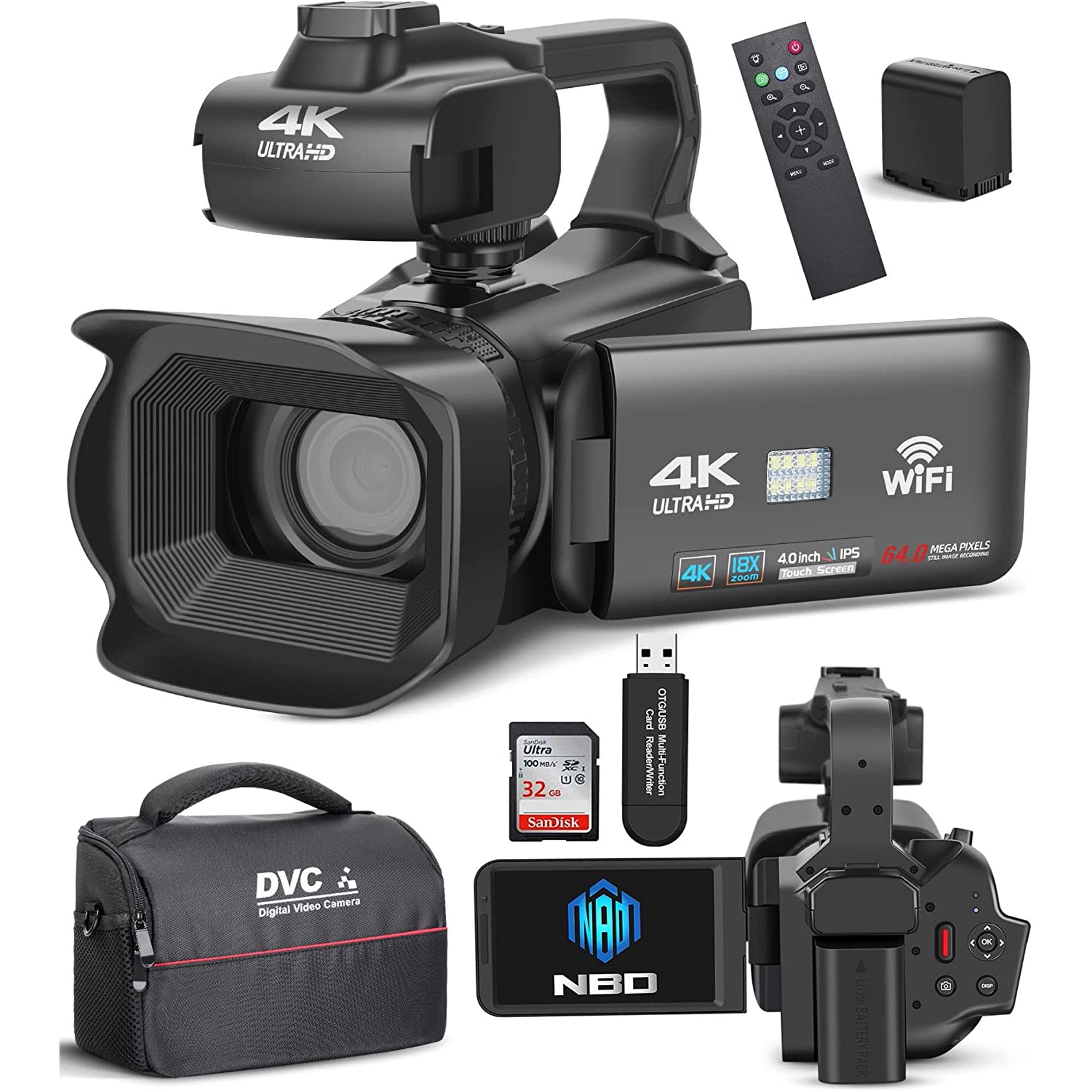 NBD 4K Video Camera - 64MP Camcorder with Manual Focus, 4.0" Touch Screen, WiFi, Remote Control